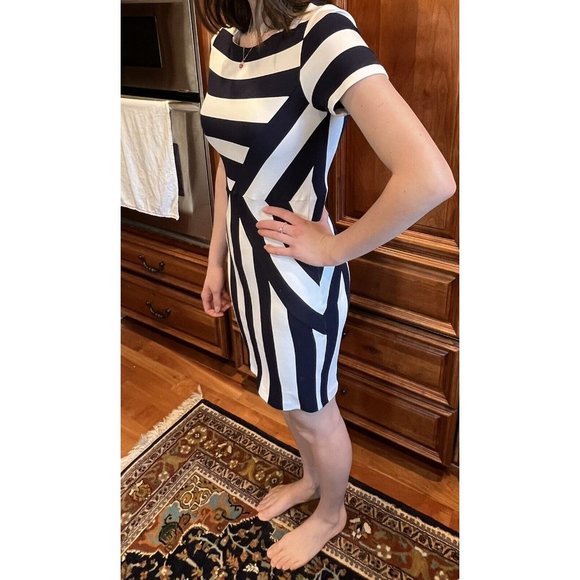 ESLEY Women's White Navy Orange Striped Knit Fitted Dress Back Zipper Sz Small - Picture 1 of 7